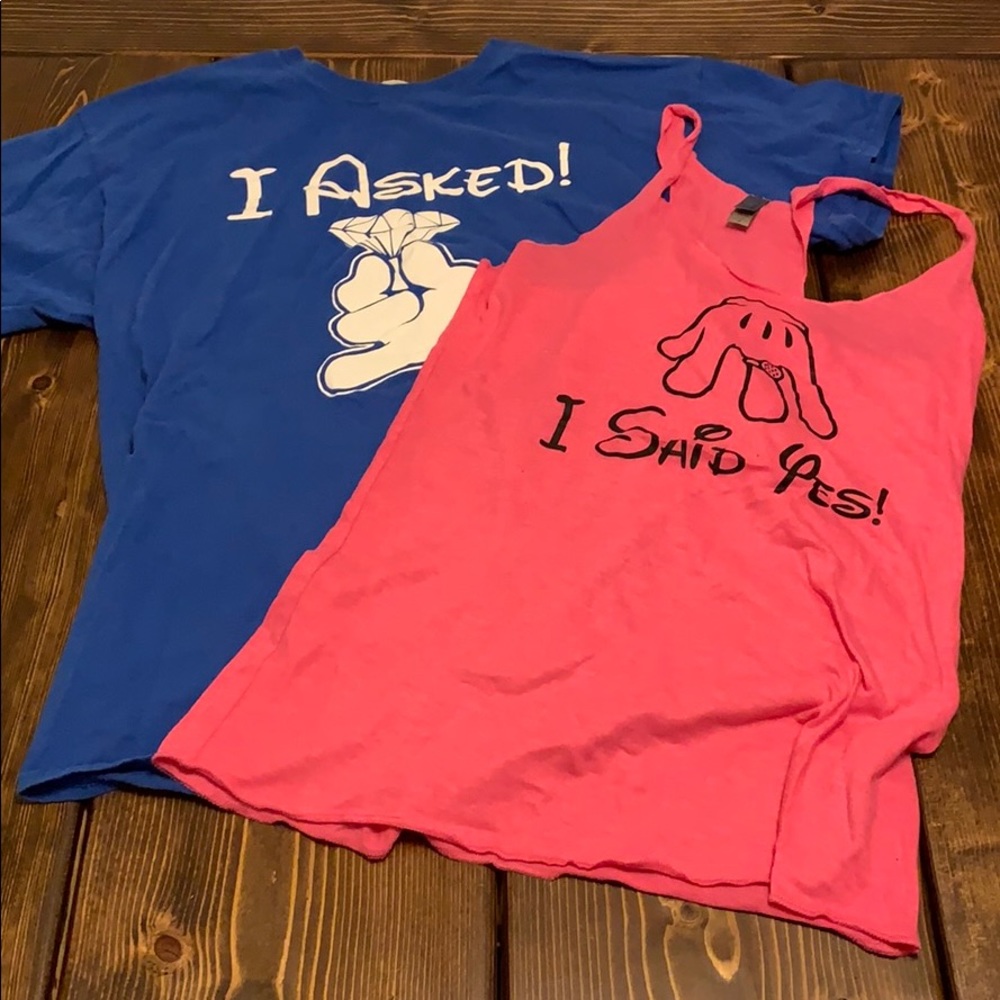 Couples Disney Engagement shirts pink and blue